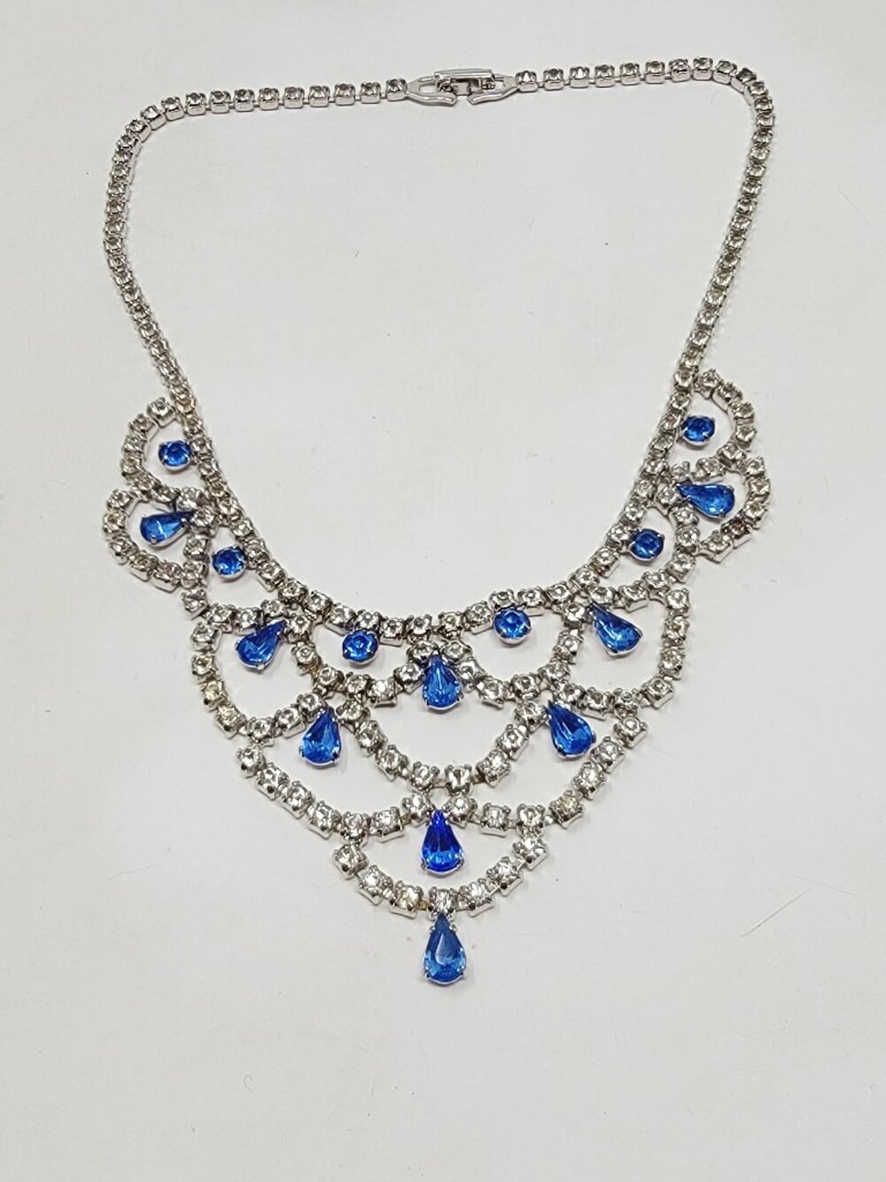Vintage Amsel Blue Rhinestone Statement Bib Necklace Silver Tone **READ**
